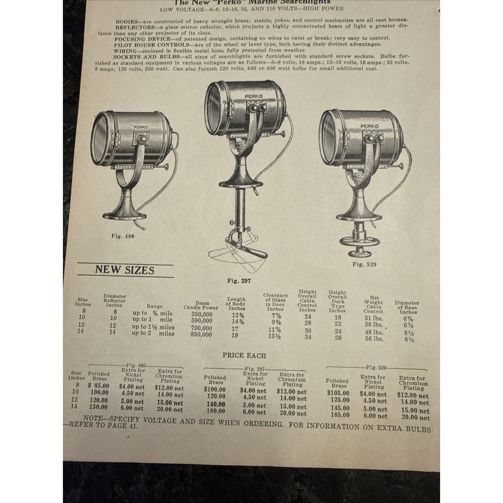 VTG 1930 Print Ad Perko Marine Searchlight Boat Light Ship Yacht Ocean Costal